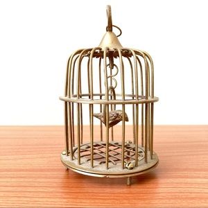 Vintage Brass Bird in Birdcage Figurine